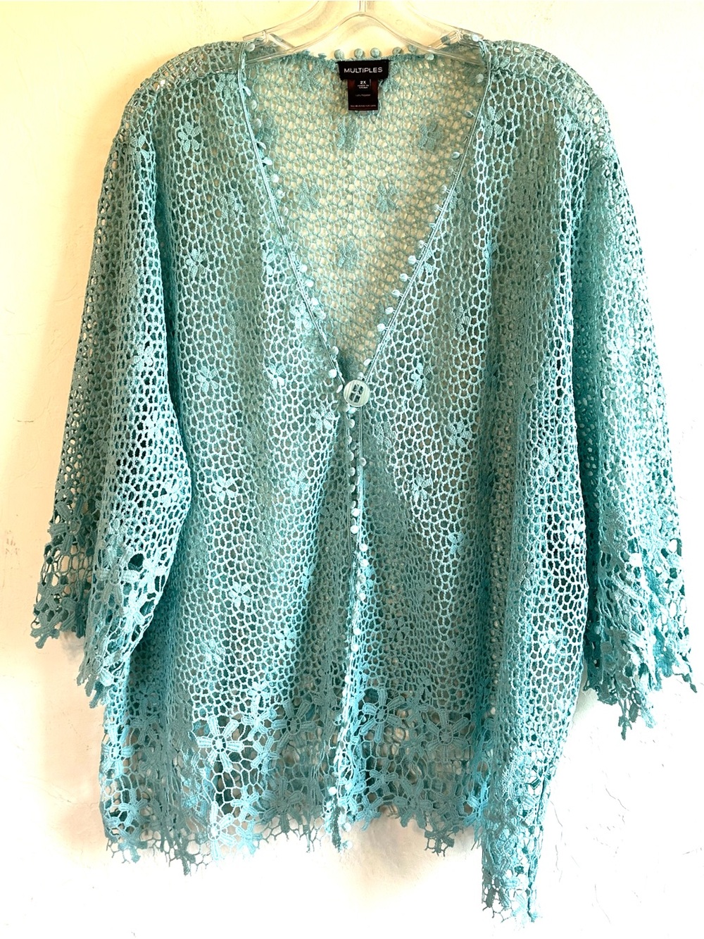 Multiples Seafoam  Light Aqua Loose Weave Crochet Button-Front Cardigan Sz 2X